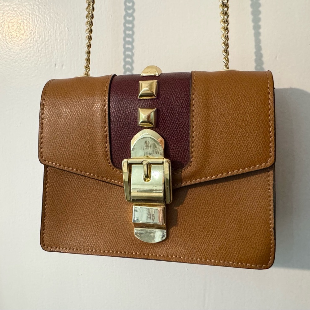 Genuine Leather Made in Italy Crossbody Bag Brown & Burgundy Gold Chain Purse